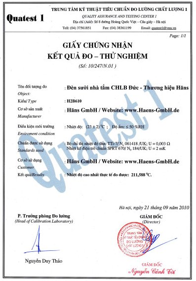 Giấy chứng nhận đèn sưởi nhà tắm Hans 2 bóng H2B