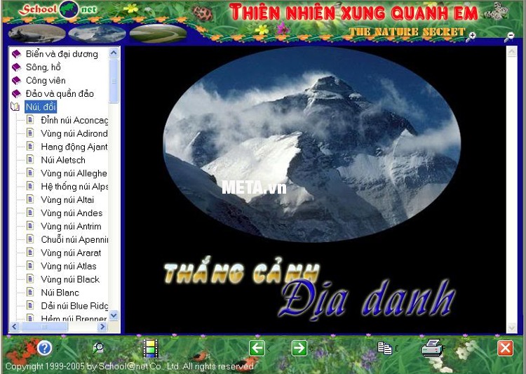 Thiên nhiên xung quanh em giúp bé học về biển và đại dương; sông, hồ; công viên, quần đảo, núi đồi.