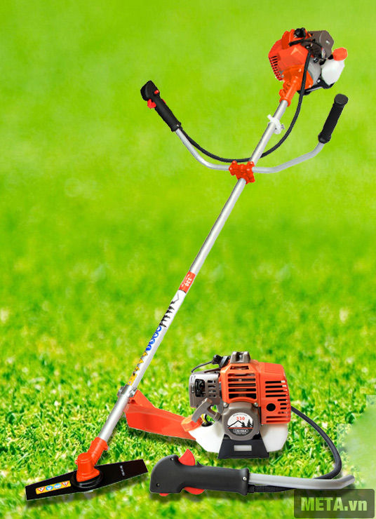 Máy cắt cỏ Oshima 330 cam xám được thiết kế với kiểu dáng hiện đai.