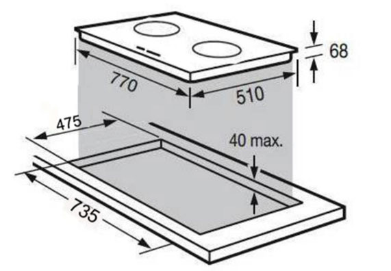 Kích thước sản phẩm và kích thước khi lắp đặt bếp từ Fagor 2IF-800S DUO