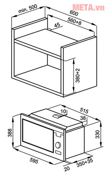 Kích thước lắp đặt lò vi sóng Amica AMM25BI 25 lít