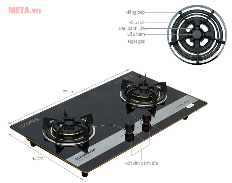 Cấu tạo bếp ga âm kính Sunhouse SHB8836 