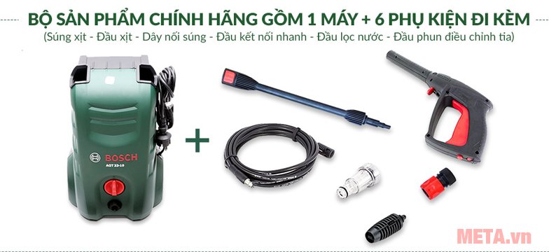 Bộ máy phun xịt rửa Bosch Aquatak 33-10 gồm 1 máy và 6 phụ kiện đi kèm