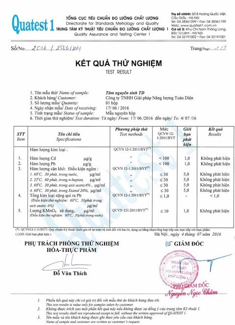 Kết quả kiểm nghiệm đạt vệ sinh an toàn thực phẩm của Tăm nguyên sinh TD