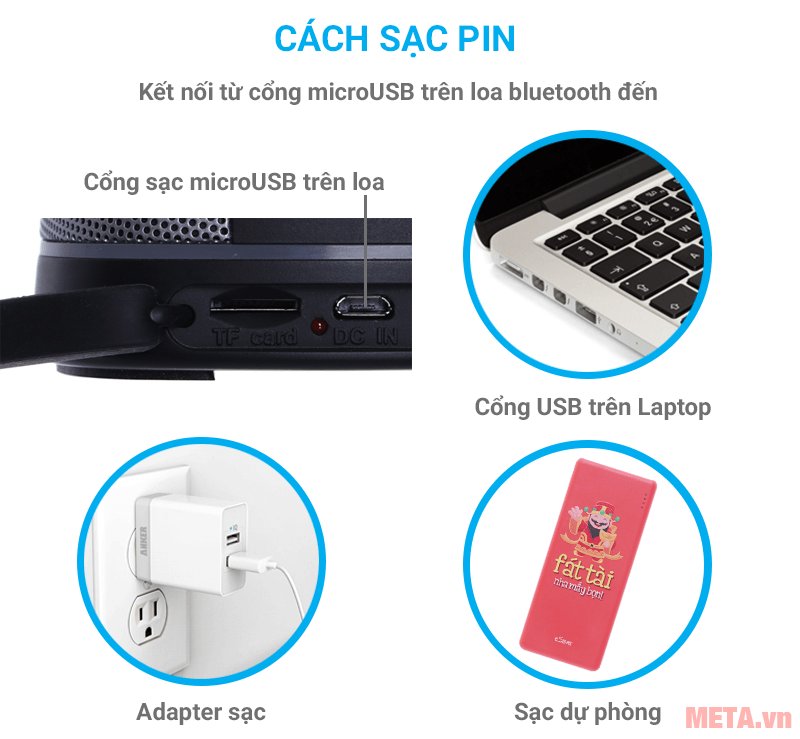 Loa Fenda W7 có thể sạc pin qua cổng micro USB 