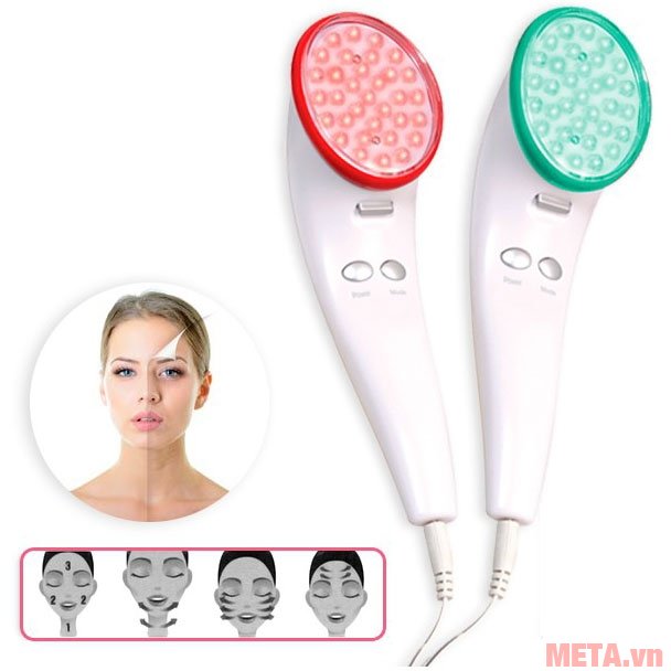 2 đầu massage đỏ và xanh lá đi kèm với máy massage mặt hồng ngoại Lanaform Beauty Light LA131307 