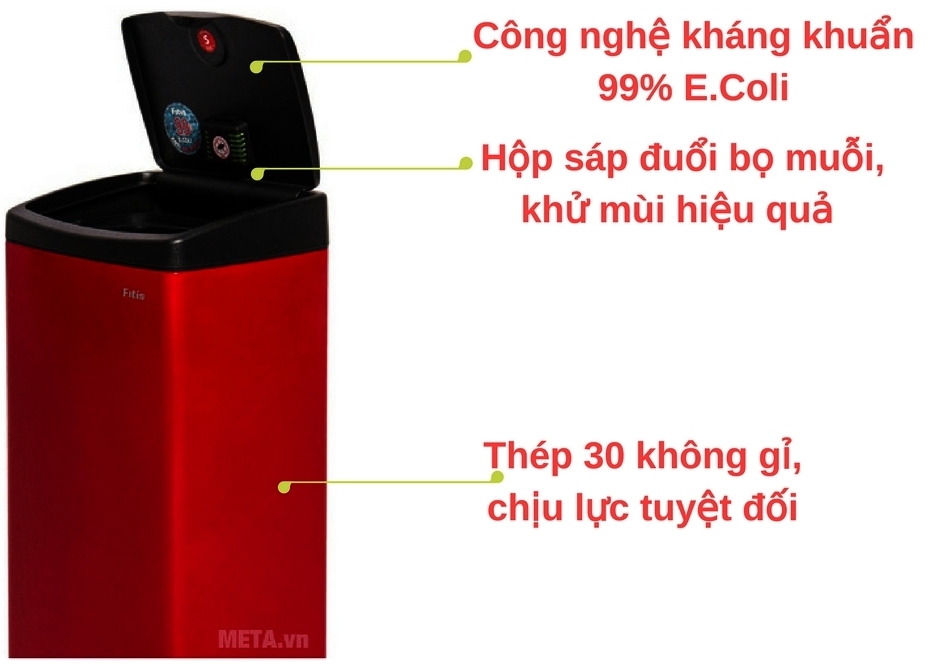 Thùng rác Inox nhấn vuông lớn Fitis STL1-906 cao cấp thân thiện người dùng