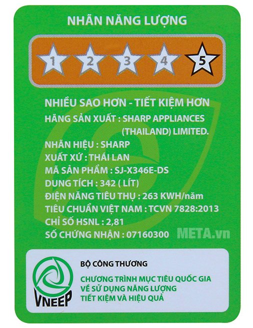 Tủ lạnh Sharp inverter SJ-X346E-DS được cấp 5 hiệu suất năng lượng
