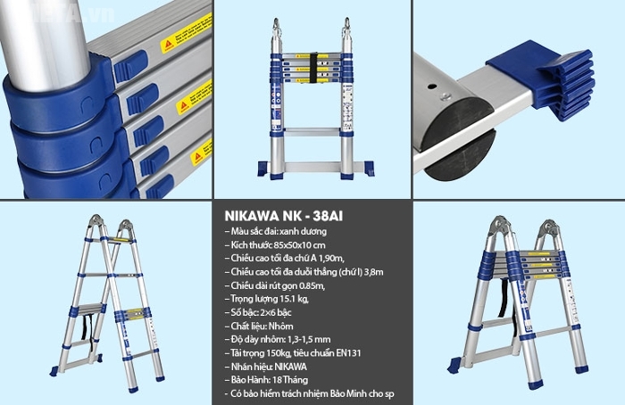 Thang nhôm rút gọn Nikawa NK-38Al xanh dương nổi bật