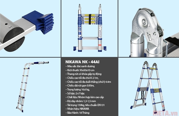 Thang nhôm rút gọn Nikawa NK-44AI có thể khóa gấp tự động