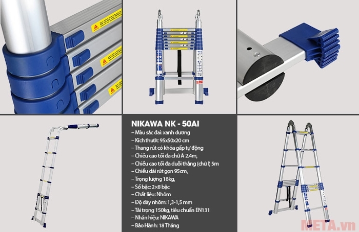 Thang nhôm rút gọn Nikawa NK-50AI bảo hành lên tới 18 tháng