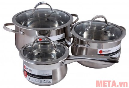 Bộ 3 nồi inox Elmich Ibiza 2350124 có 1 quánh dùng để nấu cháo hay nấu bột cho bé