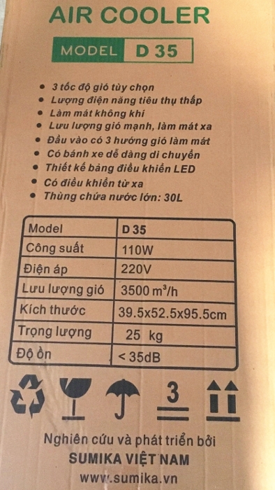 Thông số trên hộp đựng máy làm mát không khí Sumika D35 (2017)