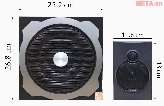 Kích thước của loa siêu trầm và loa vệ tinh Fenda A521  Kích thước của loa siêu trầm và loa vệ tinh Fenda A521