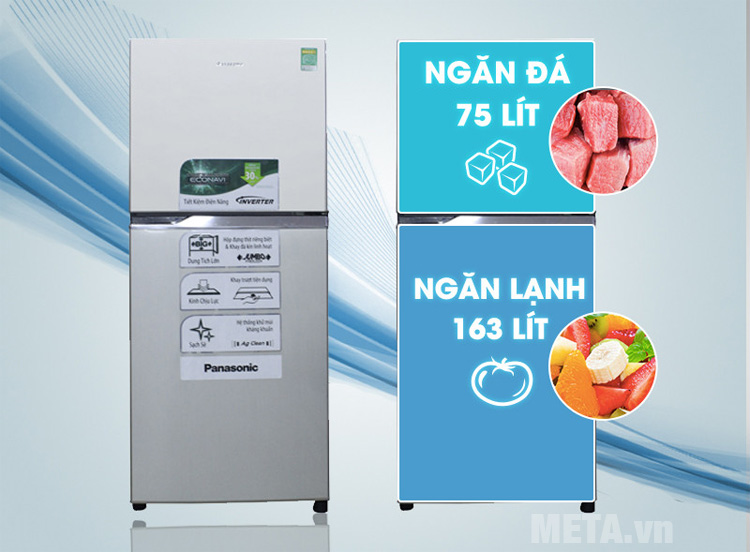 Tủ lạnh Panasonic NRBL268PSVN có dung tích ngăn mát 163L Tủ lạnh Panasonic NRBL268PSVN có dung tích ngăn mát 163L