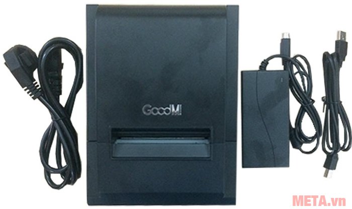 Máy in hóa đơn GoodM TC-8250 có dây nguồn, dây kết nối với máy tính tiền và dây cổng USB