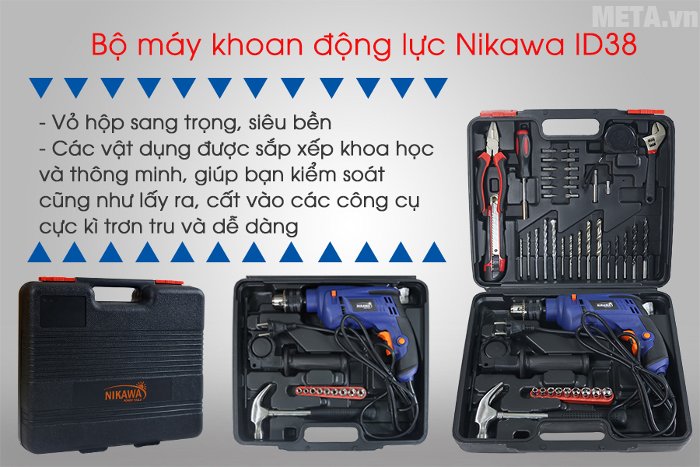 Các chi tiết nằm trong bộ máy khoan động lực Nikawa ID38 được sắp xếp rất gọn gàng trong hộp
