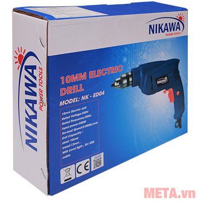 Máy khoan cầm tay Nikawa NK-ED04 được bảo quản trong hộp giấy bìa cứng 