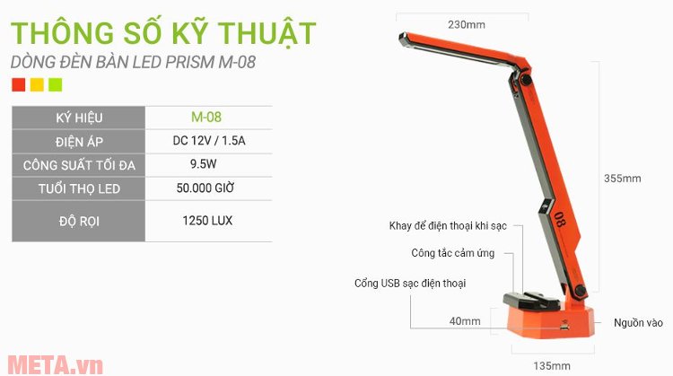 Kích thước đèn bàn Led Hàn Quốc đổi màu Prism M-08RD