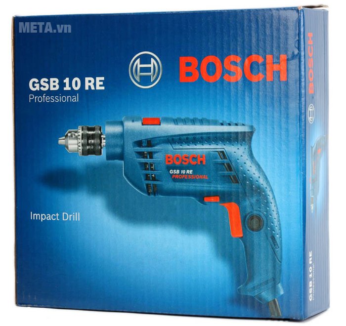 Máy khoan động lực Bosch GSB 10 RE được bảo quản trong hộp giấy 