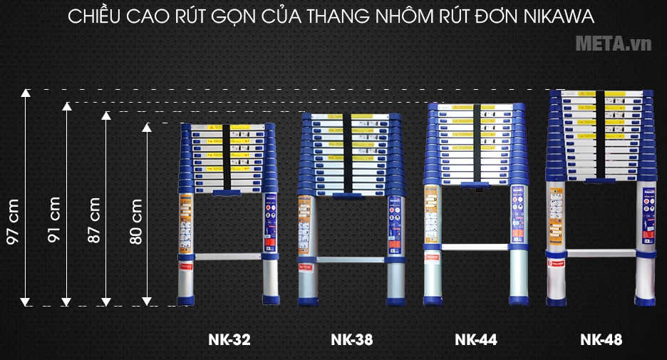 Thang nhôm rút đơn NK-44 và kích thước sử dụng