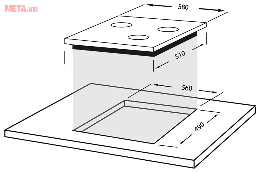Bếp ba từ Faber FB-603IND với kích thước vùng nấu, khoét đá
