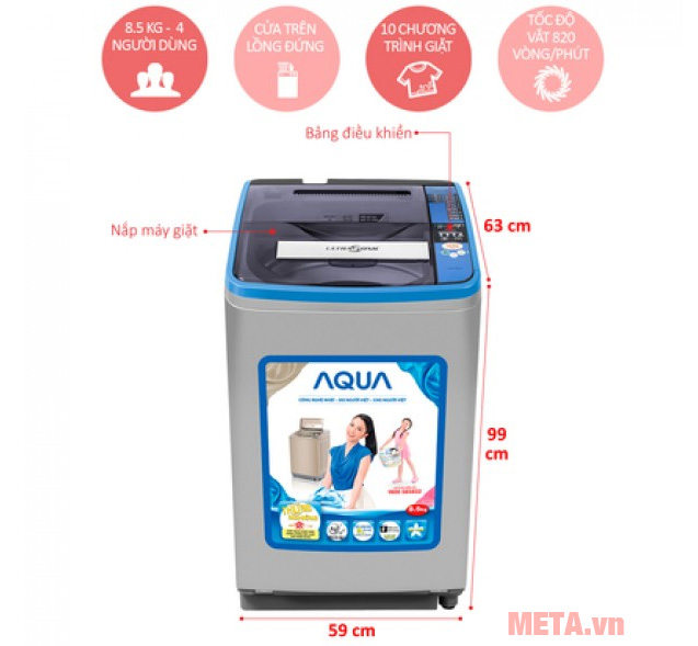 Kích thước của máy giặt cửa trên Aqua AQW-U850AT Kích thước máy giặt