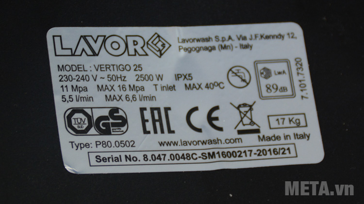  Thông số kỹ của máy rửa xe Lavor Vertigo 25