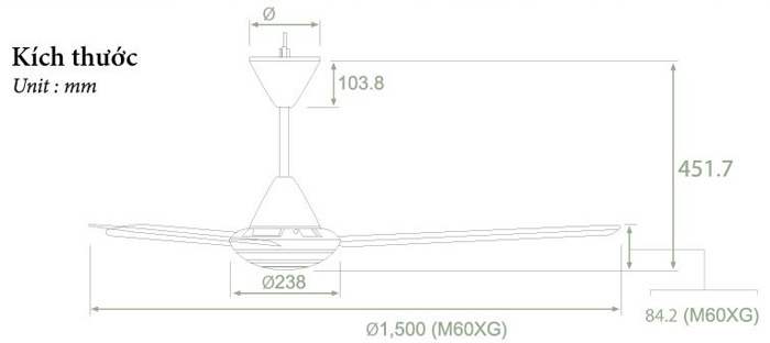 Kích thước quạt trần M60XG