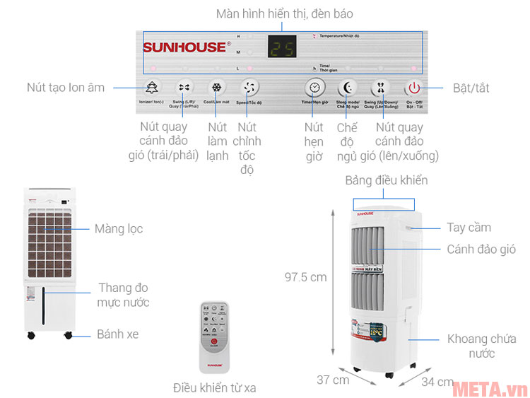 Cấu tạo các bộ phận của quạt điều hòa Sunhouse SHD7723