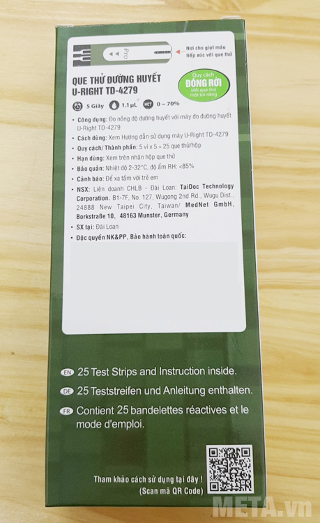 Que thử đường huyết Uright TD-4279 mặt sau hộp Que thử tiểu đường