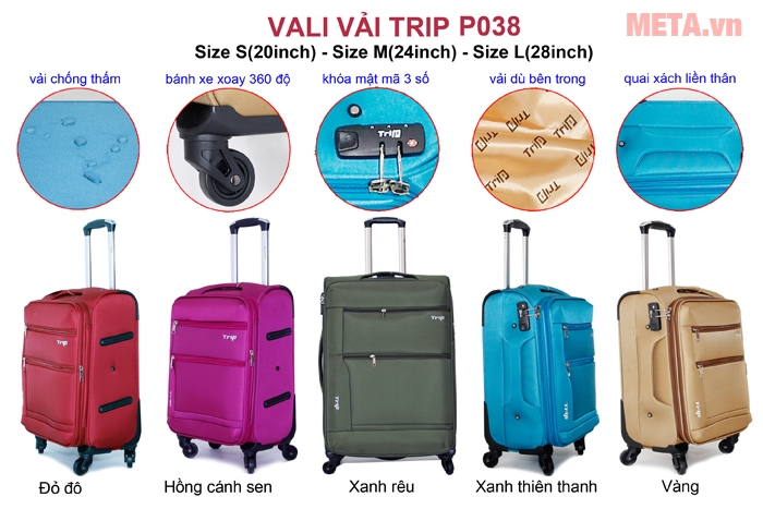 Vali vải Trip P038 gồm nhiều màu sắc khác nhau Vali vải