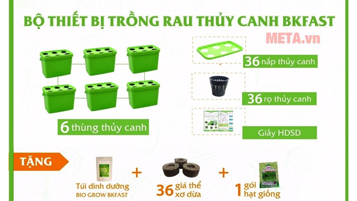 Thiết bị trồng rau sạch BKFAST (Bộ full dinh dưỡng + xơ dừa)