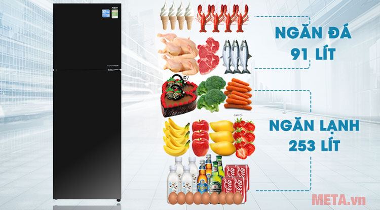 Tủ có dung tích ngăn đá 91 lít và ngăn lạnh 253 lít