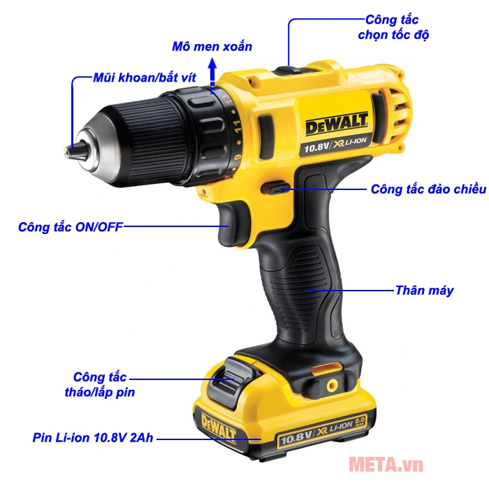 Cấu tạo máy khoan vặn vít dùng pin Dewalt DCD710D2