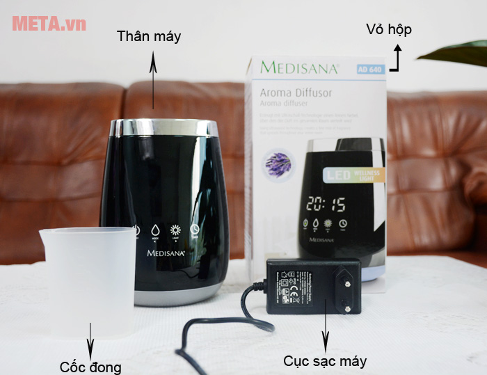 Máy khuếch tán tinh dầu Medisana AD640 Trọn bộ phụ kiện đi kèm theo máy xông tinh dầu