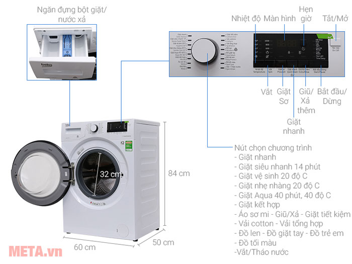 Chú thích các nút chương trình và kích thước của máy giặt