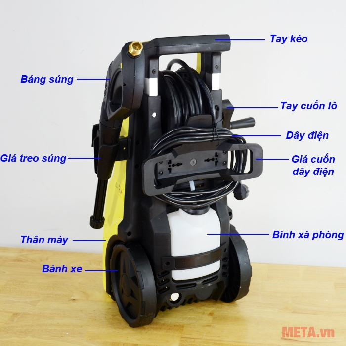 Máy rửa xe gia đình V-JET VJ 120 được trang bị bình xà phòng phía sau