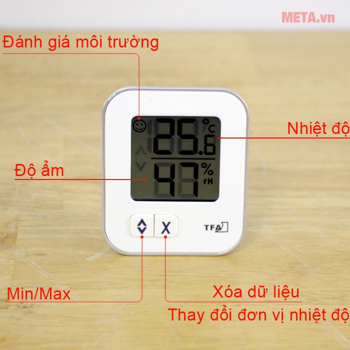 Các ký hiệu và chức năng của hiệt ẩm kế điện tử TFA01 MOXX