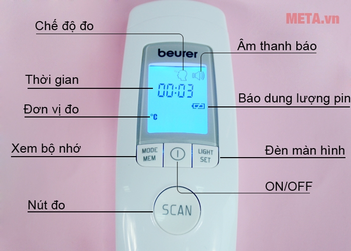 Các nút ấn trên nhiệt kế điện tử đo trán Beurer FT90 