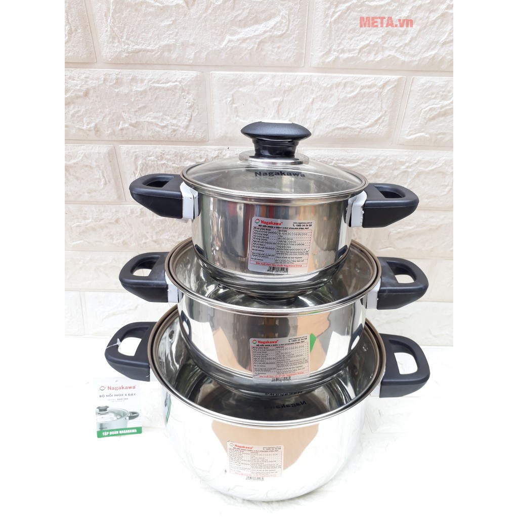 Hình ảnh thực tế của bộ nồi inox Nagakawa NAG1303 Bộ nồi