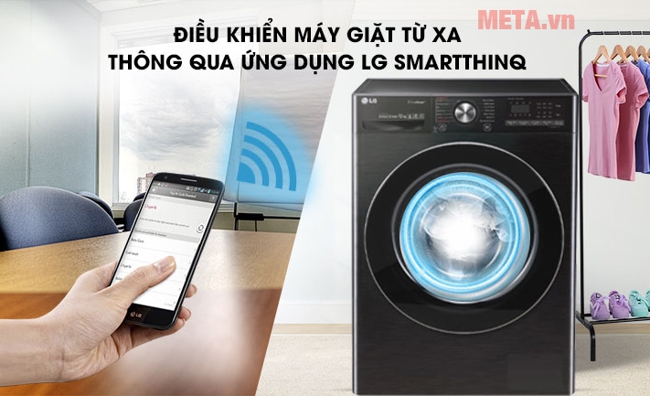 máy giặt cửa trước FV1450S2B của LG có tính năng điều khiển từ xa bằng wifi giúp bạn thoải mái hơn khi sử dụng 