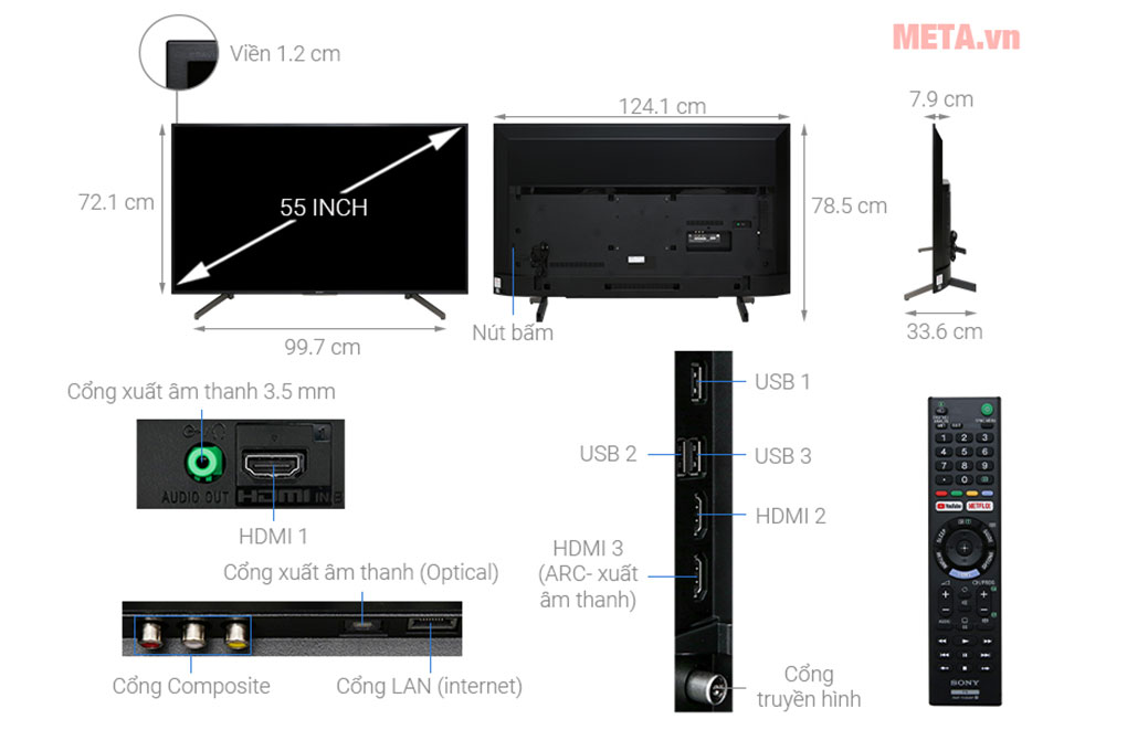 Cấu tạo và kích thước Tivi Sony Smart 4K KD-55X7000G