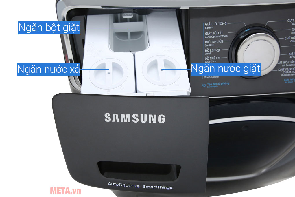 Máy giặt sấy Samsung có ngăn chứa bột giặt, nước giặt, nước xả riêng biệt