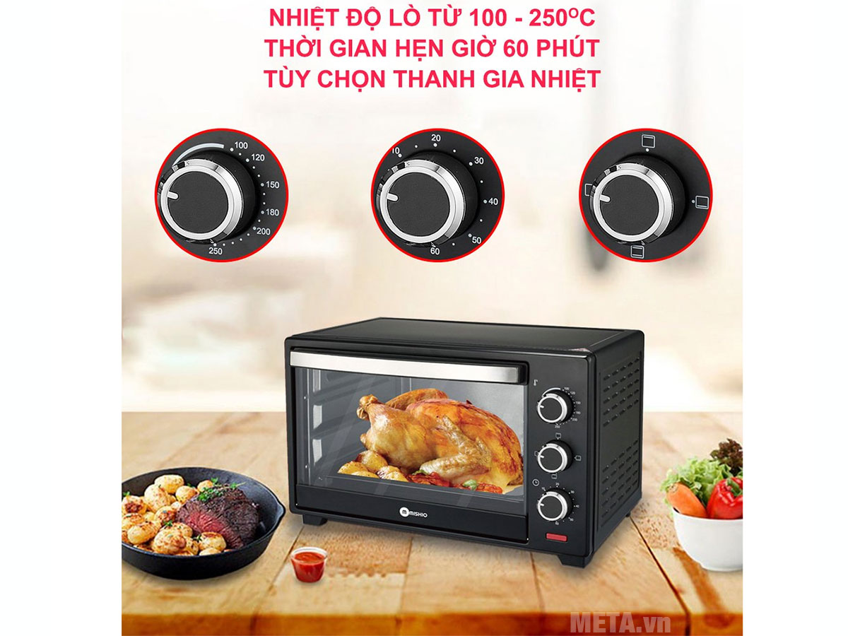 Lò nướng điện Mishio MK-179 có thể tùy chỉnh nhiệt độ từ 100 - 250 độ C