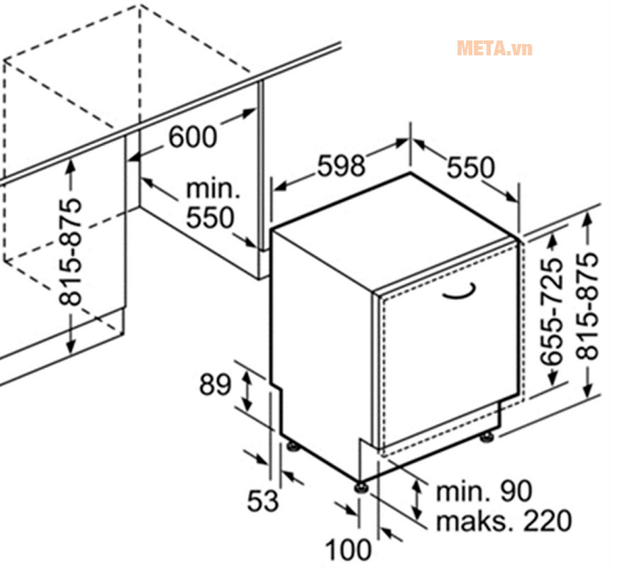 KÍch thước lắp đặt cho máy rửa bát âm tủ