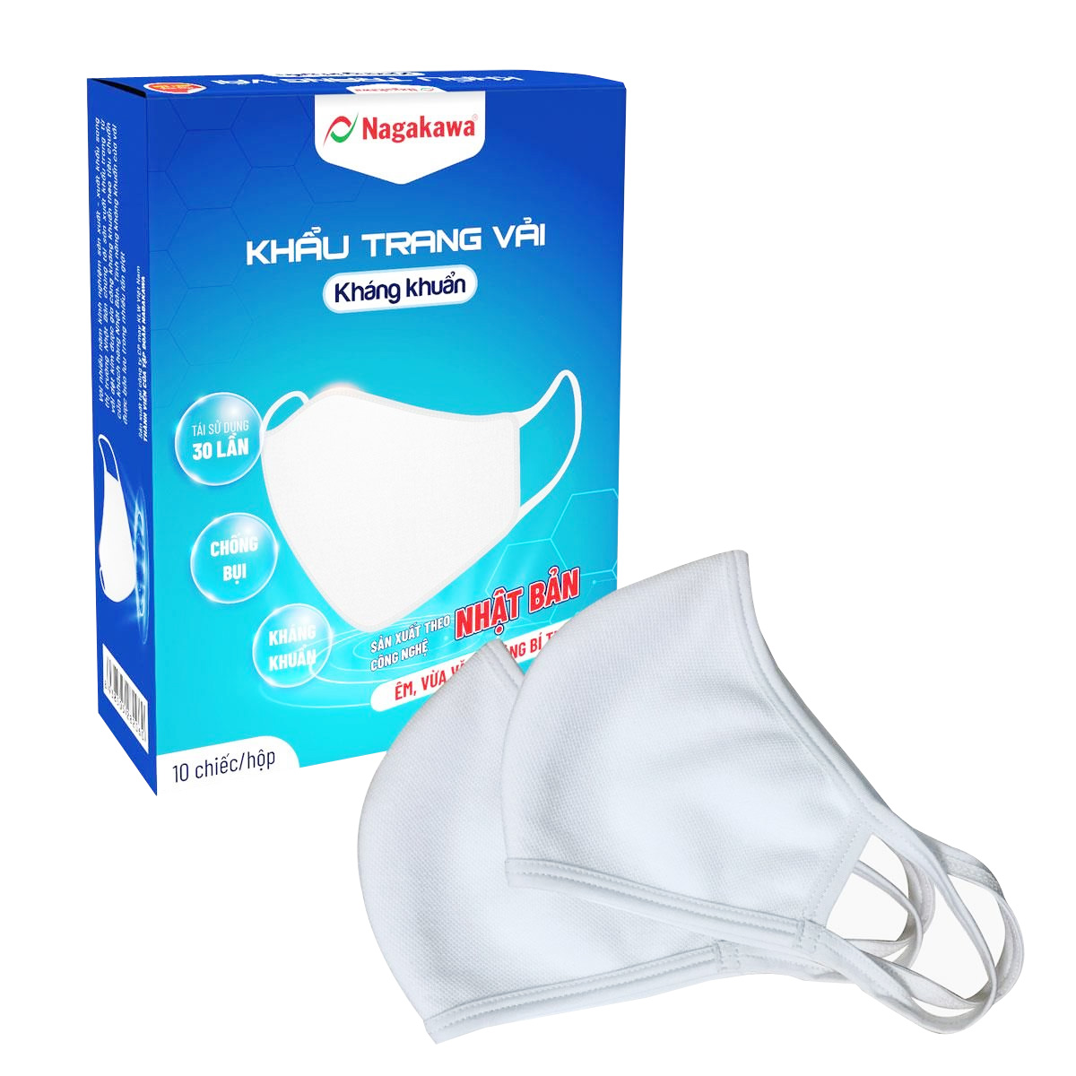 Khẩu trang vải kháng khuẩn Nagakawa size L - Công nghệ Nhật Bản (10 chiếc/hộp)