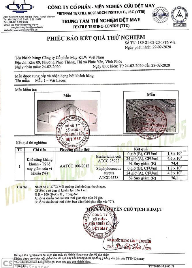 Kết quả thử nghiệm khẩu trang kháng khuẩn Nagakawa