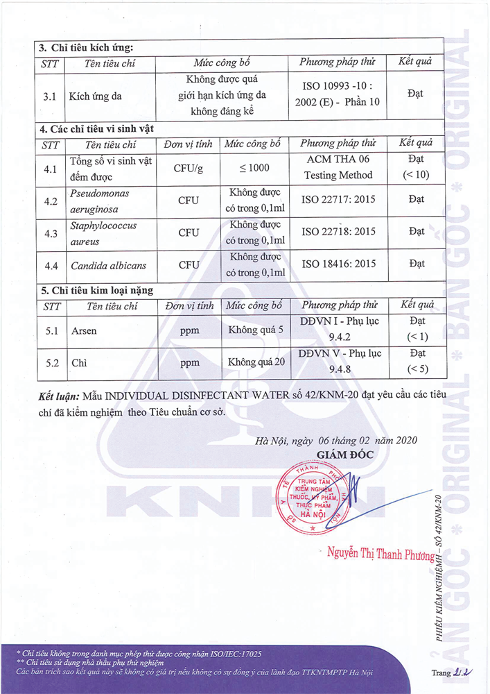 Phiếu kiểm nghiệm dung dịch khử trùng MC Pharma