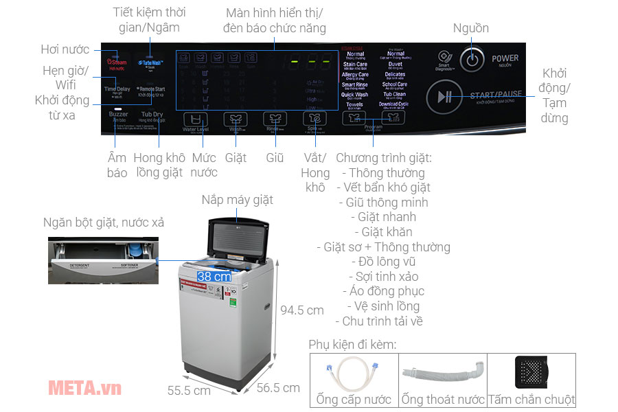 Cấu tạo chi tiết máy giặt lồng đứng LG Inverter TH2112SSAV